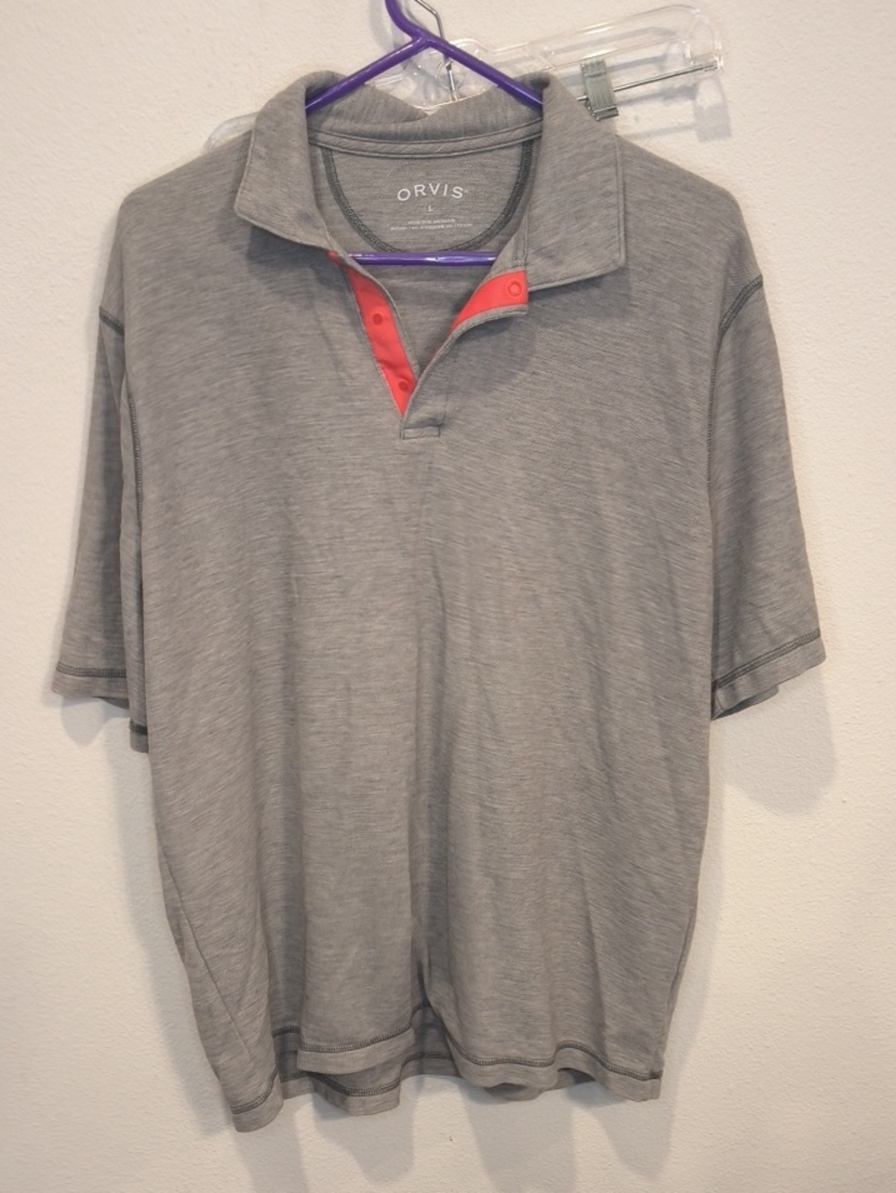 Orvis Grey Polo with Coral Placket Accent Large
